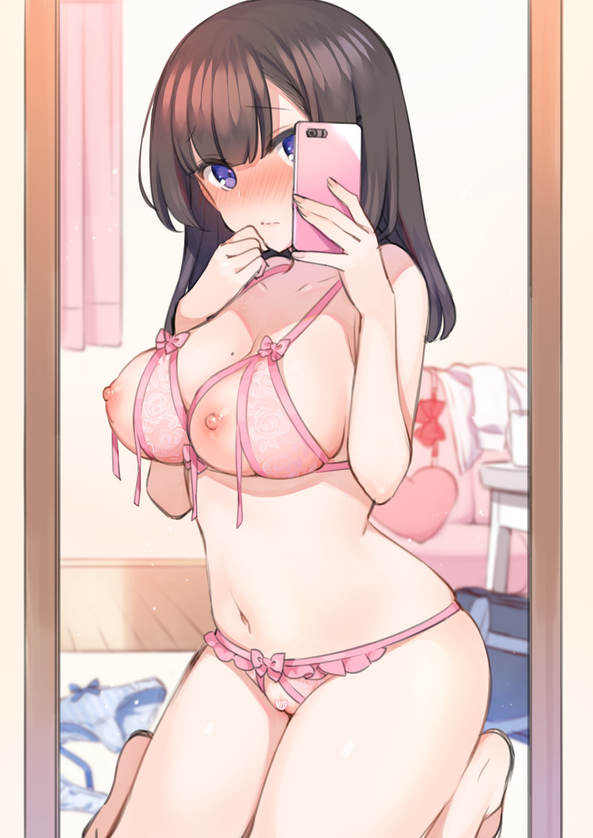 blue_eyes blush breasts brown_hair censored embarrassed emoji_censor eyebrows_visible_through_hair large_breasts lingerie mankai_kaika mirror mirror_selfie navel phone selfie tagme