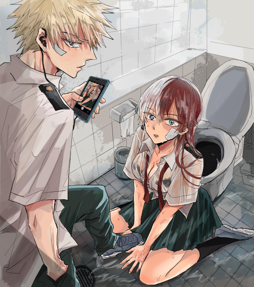 1boy 1boy1girl 1girls artist_request bathroom bathroom_floor bathroom_stall being_recorded bullying cleavage female_todoroki genderswap_(mtf) heterochromia implied_pee katsuki_bakugou kkkiss07 looking_at_viewer male/female my_hero_academia peeing peeing_on_another phone phone_screen recording rule_63 school_uniform schoolboy schoolgirl see-through_clothing see-through_shirt shouto_todoroki sitting_on_floor straight taking_photo taking_picture toilet two_tone_hair u.a._school_uniform urine wet_clothes wet_shirt