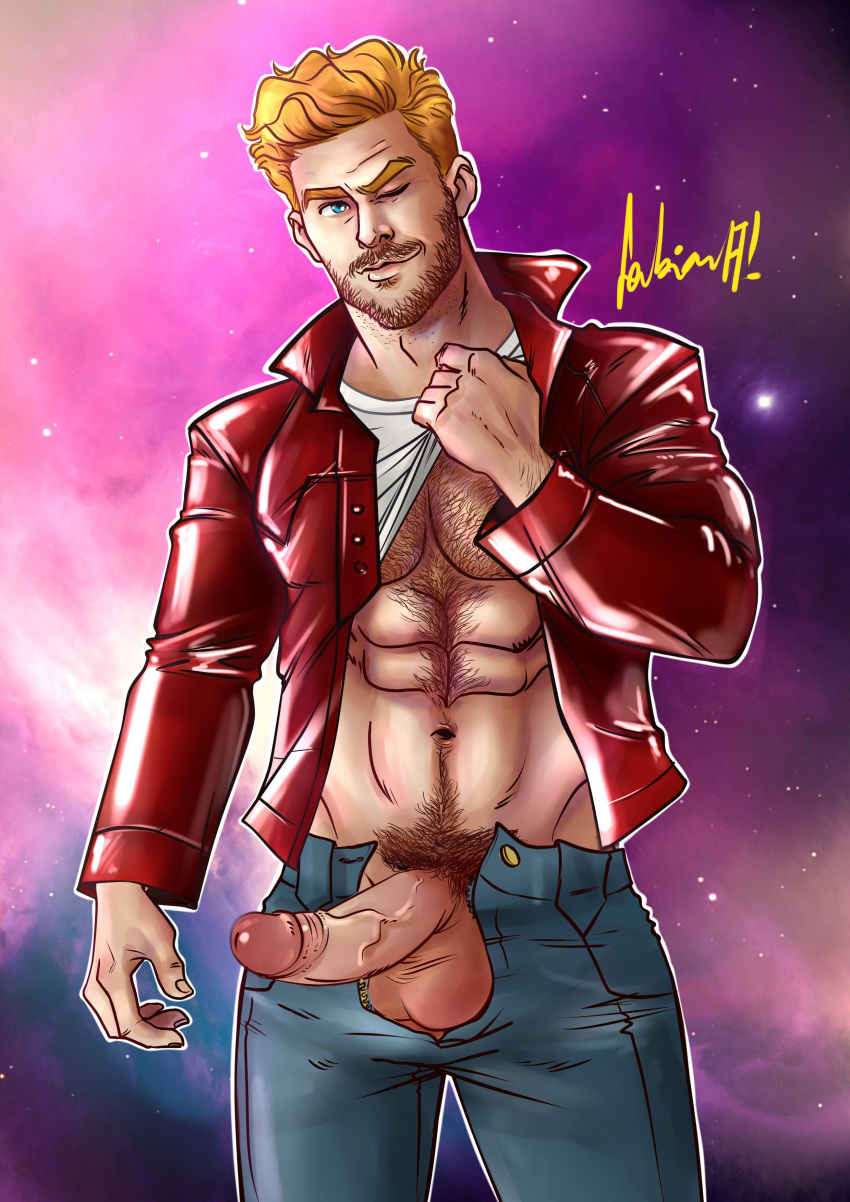 1boy abs artbyfab beard blue_eyes clothed exposed exposed_penis freeballing guardians_of_the_galaxy huge_cock male male_only marvel muscular pecs peter_quill pubic_hair red_hair solo starlord stubble uncut yaoi