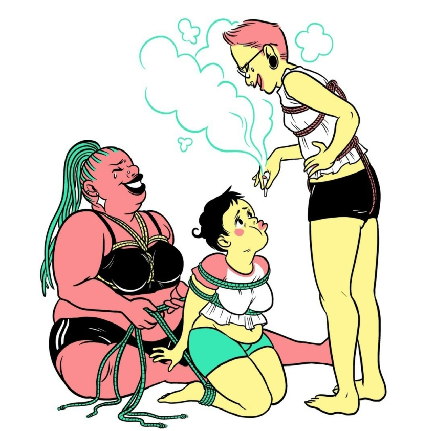 3girls bondage chubby chubby_female cigarette friend kneeling lgbt_pride lovelove6 original original_character rope shibari smoke