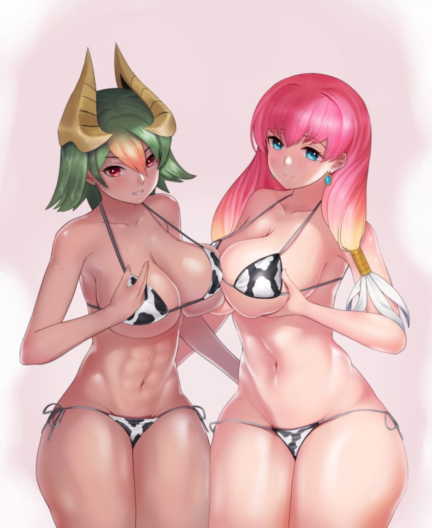 2girls abs bare_shoulders big_breasts bikini blue_eyes breast_grab chocolate_and_vanilla cow_girl cow_print cow_print_bikini dark-skinned_female dark_skin earrings female_only fire_emblem fire_emblem_heroes green_hair gunnthra_(fire_emblem) laegjarn_(fire_emblem) large_breasts medium_hair multicolored_hair nintendo pink_hair red_eyes rype short_hair sideboob small_bikini smile thick_thighs underboob year_of_the_ox