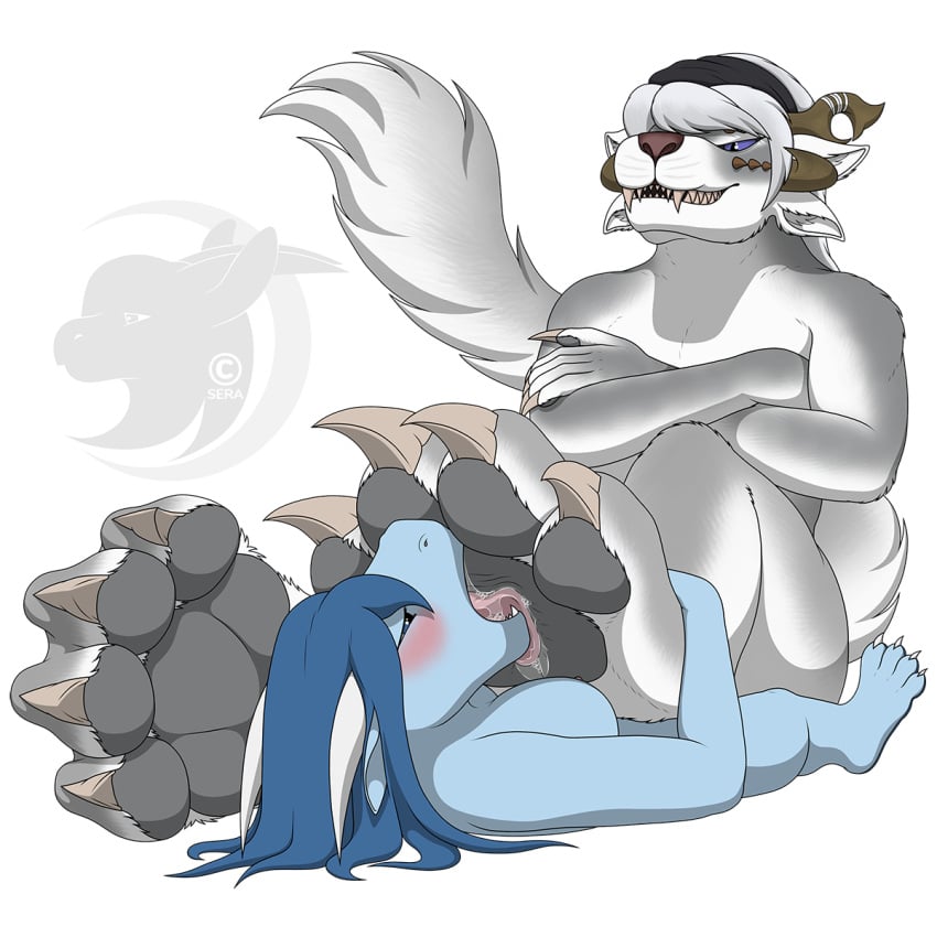 2021 4_ears 4_toes alpha_channel anthro barefoot blue_body blue_eyes blue_hair blue_scales blue_sclera blush bodily_fluids breasts charr claws countershade_arms countershade_face countershade_feet countershade_legs countershade_torso countershading crossed_arms dragon drool_on_feet drooling duo feet felid female female/female foot_fetish foot_grab foot_lick foot_play fur grey_body grey_fur grey_nose grey_pawpads guild_wars hair hi_res horn licking looking_down mammal mauldered multi_ear nipples nude pawpads paws pink_nipples pink_tongue saliva saliva_string scales sera_(sera) seraotoro sharp_claws sharp_teeth simple_background size_difference teeth toe_claws toes tongue tongue_out transparent_background video_games watermark white_body white_fur white_hair yuri