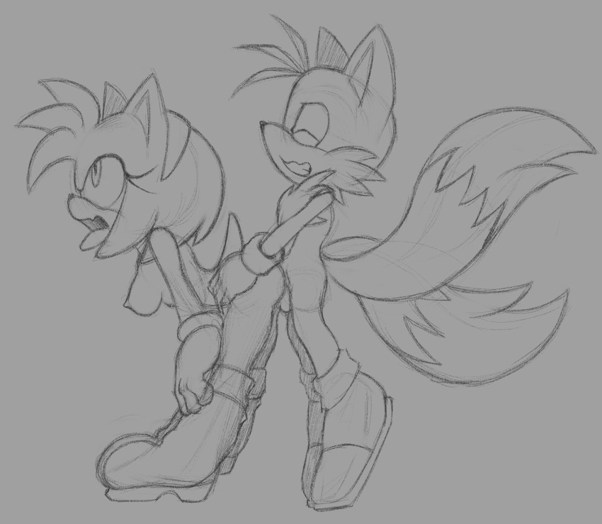 accessory amy_rose anthro bent_over boots canid canine clothing duo eulipotyphlan female ffisf footwear fox fur furry furry_tail gloves hands_on_knees handwear headband hedgehog hi_res male male/female mammal monochrome orgasm_face sonic_(series) sonic_the_hedgehog_(series) tails