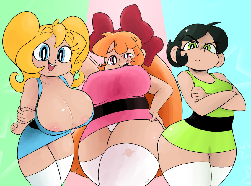 3girls 5_fingers aged_up angry_face areola areolae ass ass_bigger_than_breasts ass_vs_breasts bad_girl big_ass big_breasts big_butt big_thighs black_hair blonde_hair blossom_(powerpuff_girls) blue_background blue_eyes bottom_heavy breasts breasts_bigger_than_ass bubbles_(powerpuff_girls) buttercup_(powerpuff_girls) cleavage cocky_smile crossed_arms cute ears ears_visible_through_hair erect_nipples eyebrows eyelashes eyes female female_focus female_only green_background green_eyes happy happy_face holding_arms holding_arms_back holding_arms_behind_back horned_humanoid horny horny_female horny_smile huge_breasts large_breasts leggings light-skinned_female light_body light_skin long_hair long_legs looking_at_viewer looking_down nipple nipple_bulge nipple_piercing nipples nipples_visible_through_clothing nose older older_female open_eyes open_mouth open_smile orange_hair ota_(artist) panties pink_background pink_eyes powerpuff_girls red_hair ribbon ribbon_in_hair ribbons ripped_clothing simple_background sisters skirt skirts source_request tagme teeth teeth_visible thick thick_ass thick_hips thick_legs thick_thighs tongue top_heavy tsundere white_leggings white_panties white_sclera wide_hips