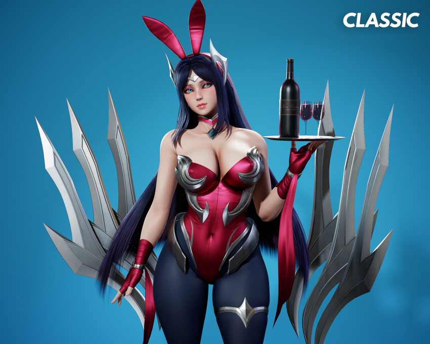 3d battle_bunny_irelia big_breasts blue_eyes breasts bunny_ears bunny_girl bunnysuit choker cleavage female female_only highres irelia_xan league_of_legends long_hair pantyhose purple_hair ryanreos thick_thighs thighs