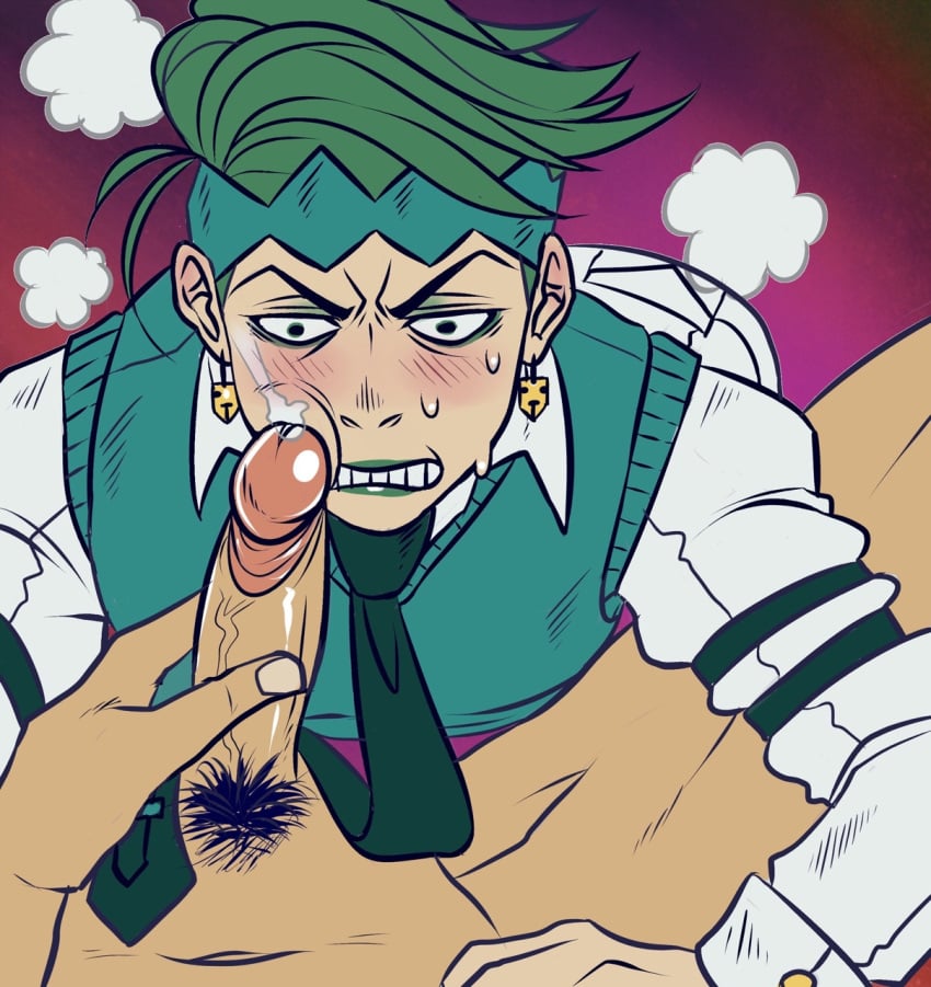 2boys angry angry_face blush clenched_teeth cum_on_face diamond_is_unbreakable embarrassed embarrassment funny_face green_hair jojo's_bizarre_adventure josuke_higashikata makeup male_only penis_on_cheek penis_on_face penis_out pov rohan_kishibe sweat sweater_vest tie yaoi