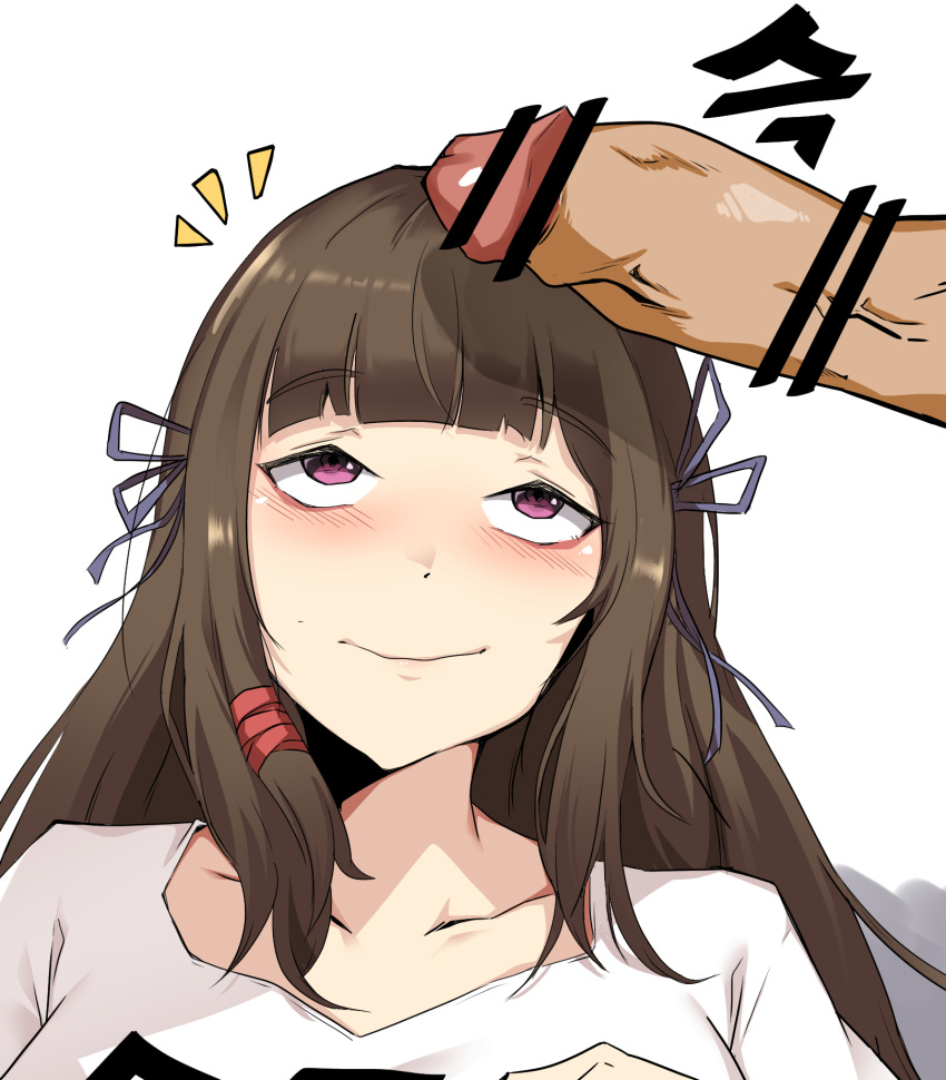 1boy bangs bar_censor brown_hair censored eyebrows_visible_through_hair female hair_ornament highres korean_text last_origin looking_up penis scissors_lise shirt smile straight_hair tofutofu veins veiny_penis white_background white_shirt