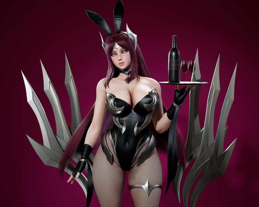 3d battle_bunny_irelia big_breasts black_hair breasts bunny_ears bunny_girl bunnysuit choker cleavage female female_only fishnet highres irelia_xan league_of_legends long_hair ryanreos silver_eyes thick_thighs thighs