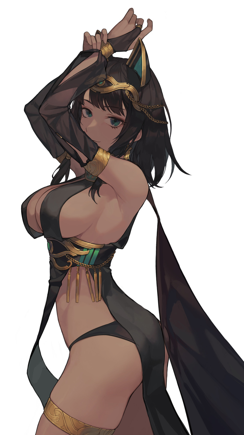 1girls animal_ears arched_back arm_warmers armlet armpits arms_up ass bangs black_clothing black_hair bracelet breasts brown_skin busty cleavage clothing cowboy_shot curvaceous dark-skinned_female dark_skin egyptian egyptian_mythology elbow_gloves female female_focus female_only gold green_eyes hair_ornament highres hourglass_figure jewelry kushima_rei large_breasts loincloth looking_at_viewer original original_character panties pelvic_curtain posing revealing_clothes set_(mythology) short_hair side_view sideboob simple_background solo solo_focus thick_thighs thighlet thighs