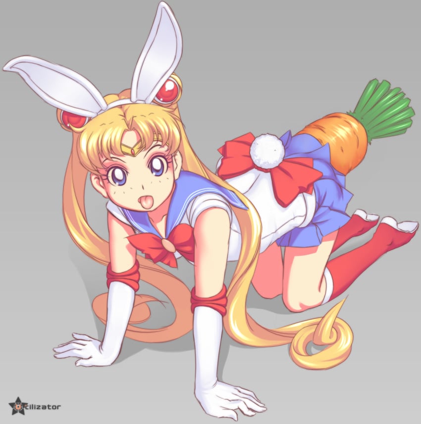 1girls all_fours animal_ears bent_over bishoujo_senshi_sailor_moon blonde_hair blue_eyes boots bunny_ears bunny_tail carrot clothing doggy_style elbow_gloves fake_ears female female_only from_behind object_insertion sailor_moon skirt solo tied_hair tongue tongue_out twintails usagi_tsukino utilizator