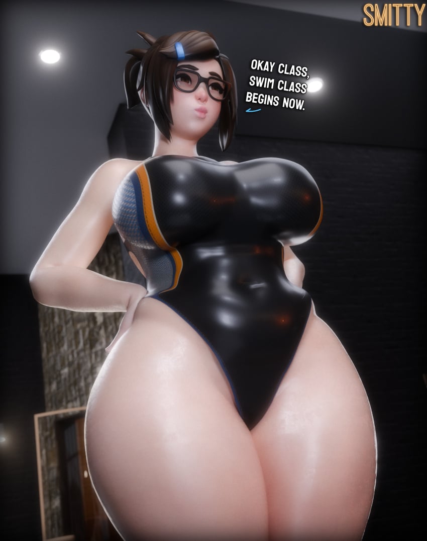 3d 3d_(artwork) asian asian_female belly big_ass big_breasts blizzard_entertainment breasts chinese_female front_view glasses hand_on_hip huge_ass huge_breasts huge_hips huge_thighs mei_(overwatch) navel one-piece_swimsuit overwatch slightly_chubby smitty34 swimsuit swimwear text thick_thighs thighs