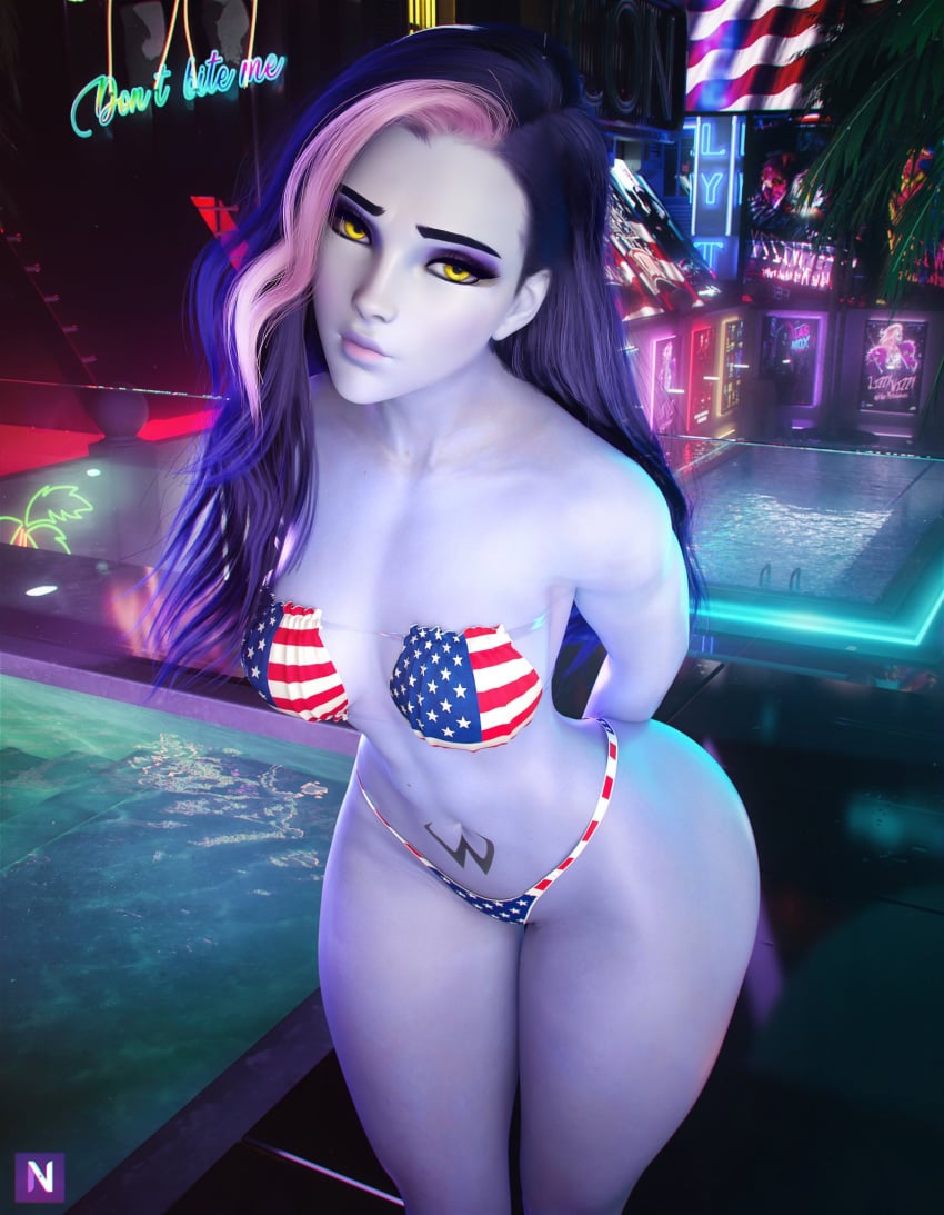 1girls 3d 3d_(artwork) abs amelie_lacroix american_flag american_flag_bikini bikini blizzard_entertainment female female_focus female_only french french_female hourglass_figure hourglass_figured_female long_hair looking_at_viewer multicolored_hair muscular muscular_female noahgraphicz overwatch overwatch_2 pink_hair purple_body purple_hair purple_skin standing tattoo thick_thighs thighs toned toned_female widowmaker yellow_eyes
