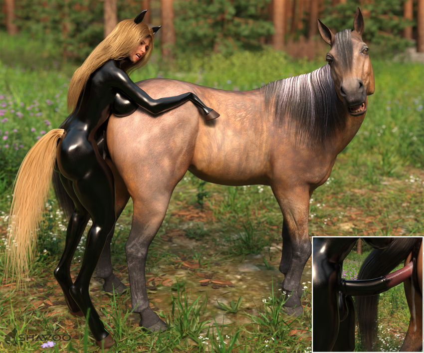 3d_(artwork) anatomically_correct animal_ear animal_genitalia animal_humanoid animal_penis animal_pussy big_breasts blonde_hair blonde_tail bodily_fluids breasts cum cum_drip cum_in_pussy digital_media_(artwork) dripping equid equid_humanoid equine equine_humanoid equine_legs equine_penis equine_pussy female feral futanari genital_fluids genitals gynomorph hair hi_res hoof_hands hooves humanoid ila_(character) intersex intersex/female kora_(artist) mammal mammal_humanoid outside penetration penis petplay plant ponyplay pussy roleplay rubber shawoo tree vaginal_penetration