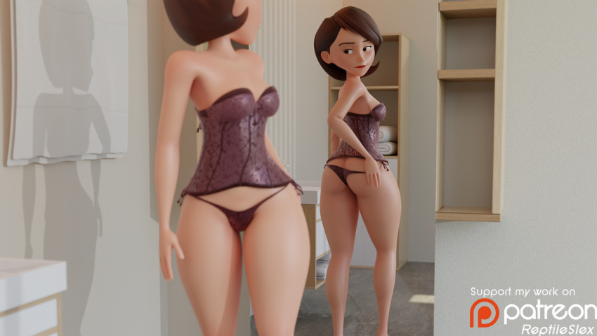 1girls 3d alenabyss artist_name ass ass_focus big_breasts breasts brown_hair busty disney elastigirl_ass_redraw fat_ass female female_focus hazel_eyes helen's_ass_check helen_parr hips hourglass_figure large_ass legs lingerie looking_at_viewer milf mirror mother panties pixar reflection reptileslex signature smooth_skin solo the_incredibles thick_ass thick_legs thick_thighs thighs thong top_heavy underwear voluptuous watermark wide_hips