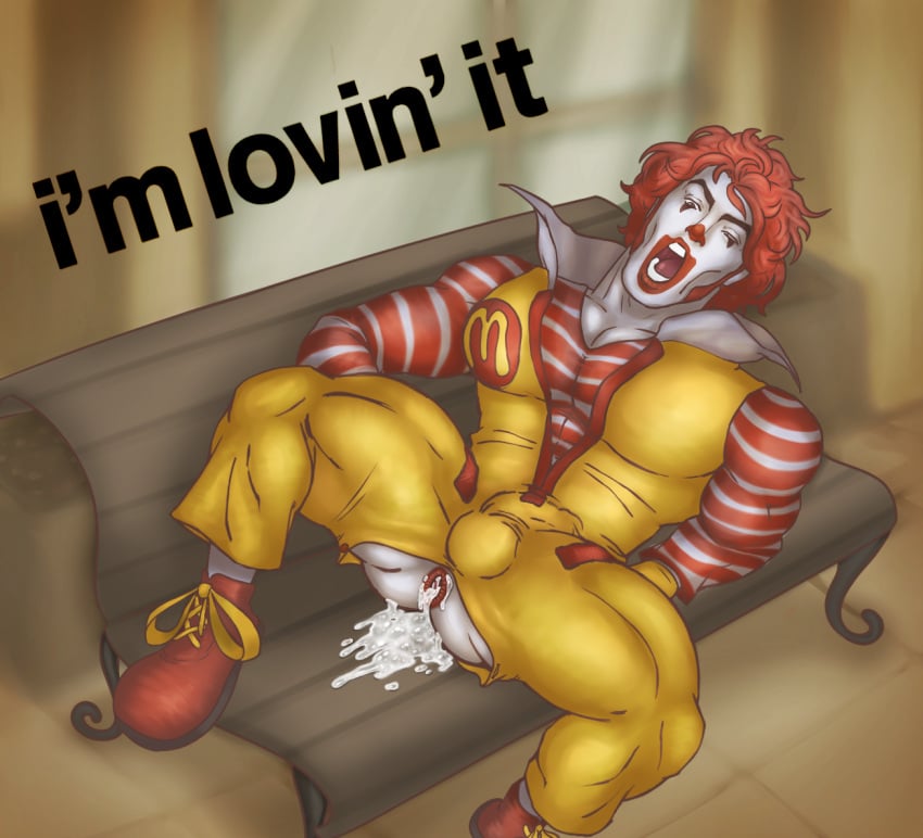 anus ass_out bench clothed clown clown_costume clown_makeup clown_paint collar cum cum_in_ass cum_inside digital_media_(artwork) excessive_cum gaping gaping_anus laying_back laying_down male male_only mcdonald's open_mouth para-p pleasure_face red_hair restaurant_mascot ripped_clothing ronald_mcdonald slogan striped_shirt text tight_clothing torn_clothes torn_clothing