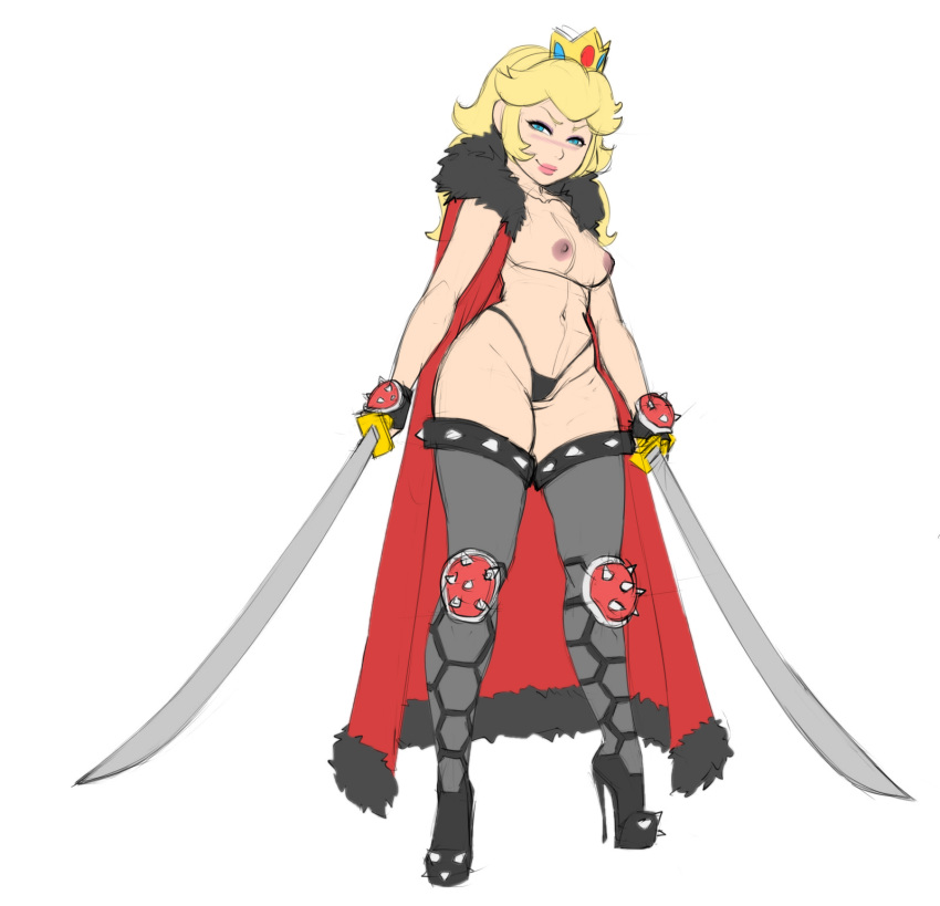 alternate_costume boots cape crown dual_wielding edit female fur_trim high_heel_boots high_heels highleg highleg_panties holding knee_pads legoman long_hair mario_(series) navel nintendo panties princess_peach sketch solo spiked_gauntlet spiked_heels spiked_knee_pads spiked_shells spikes stiletto_heels sword thong very_high_heels weapon