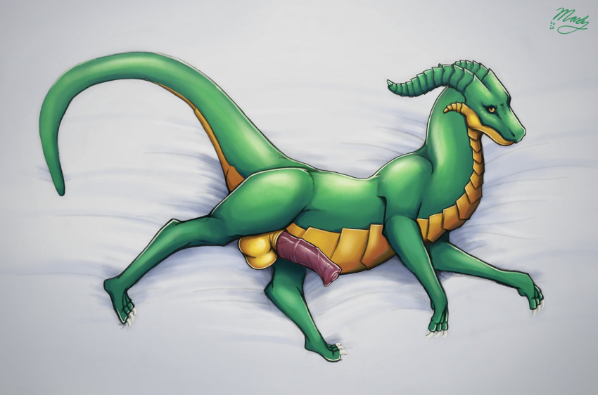 2020 animal_genitalia animal_penis balls bed claws curved_horn dragon equine_penis feral flared_penis furniture genitals green_body green_horn green_scales hi_res horn lying male maxydont medial_ring multicolored_body multicolored_scales on_bed on_side penis pink_penis scales scalie sheath signature solo spikes toe_claws two_tone_body two_tone_scales vein veiny_penis white_claws yellow_balls yellow_body yellow_eyes yellow_scales yellow_sheath yellow_spikes