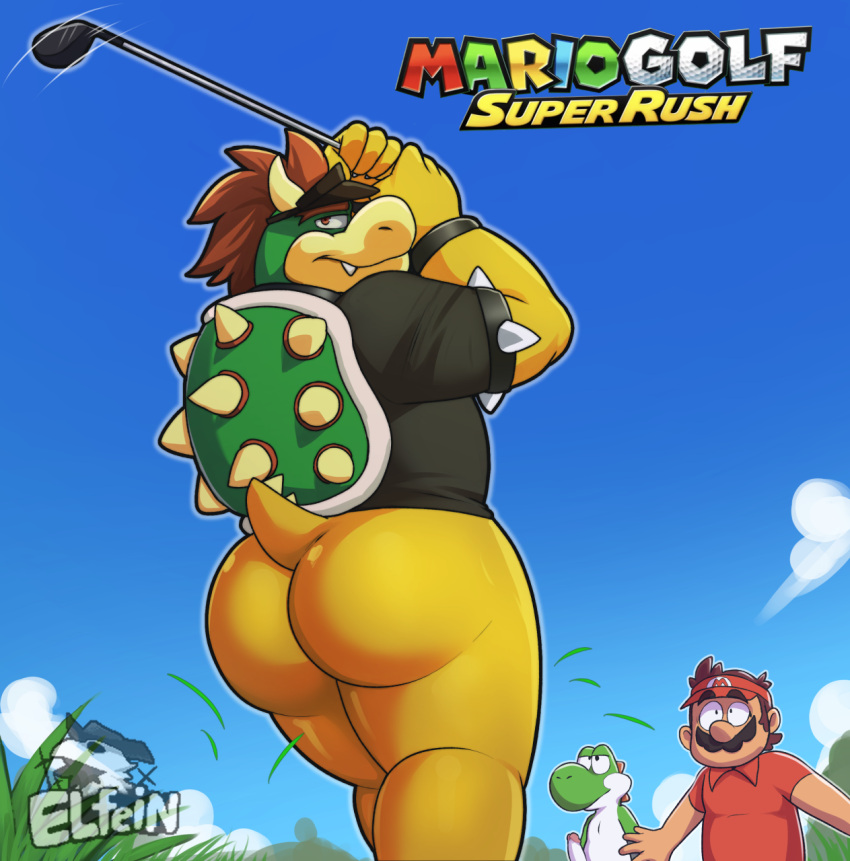 2021 3boys anthro armband ass bara big_butt bottomless bowser bubble_butt clothed clothing cloud day digital_media_(artwork) elfein english_text erection facial_hair fangs gay genitals golf golf_club grass green_yoshi group hair hat headgear headwear hi_res holding_object horn human humanoid_genitalia humanoid_penis koopa logo looking_at_viewer looking_back looking_back_at_viewer male male/male male_only mammal mario mario_(series) mario_golf motion_lines moustache narrowed_eyes nintendo outside penis plant raised_tail reptile scalie shell shirt shocked_expression signature sky solo_focus spiked_armband spiked_shell spikes spikes_(anatomy) sport standing text thick_thighs topwear video_games watermark wood_(golf) yaoi yoshi