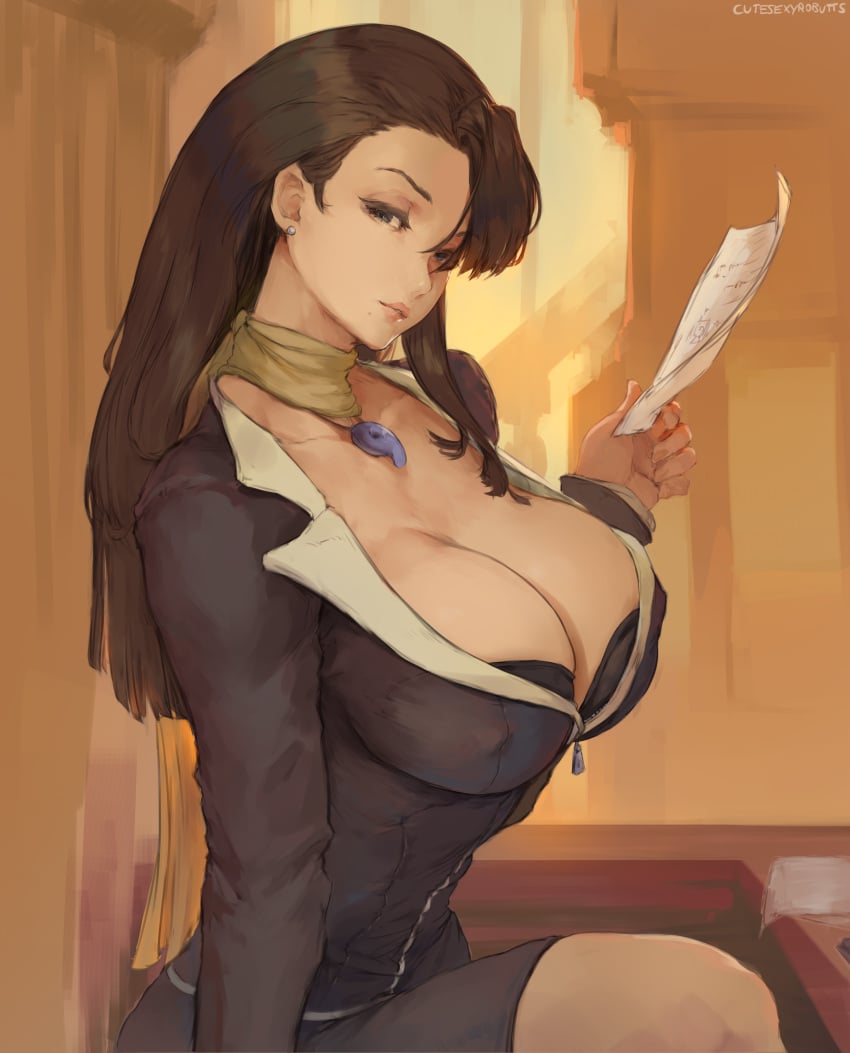 1girls absurd_res ace_attorney artist_name attorney black_bra black_hair black_skirt bra bra_peek breasts bursting_breasts business_suit busty capcom cleavage curvy cutesexyrobutts deep_cleavage detailed_background earrings erect_nipples erect_nipples_under_clothes female female_focus female_only full_cleavage grey_eyes gyakuten_saiban hi_res horny huge_breasts jewelry lawyer long_hair looking_at_viewer mia_fey miniskirt mole mole_under_mouth necklace nipple_bulge paper pencil_skirt scarf signature sitting skirt skirt_suit solo watermark