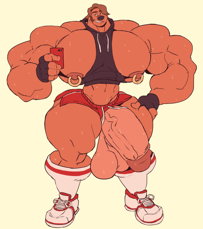 a_goofy_movie abs balls bara chad_(a_goofy_movie) circumcised ear_piercing ear_ring fingerless_gloves flaccid gay half-closed_eyes half-erect hand_on_thigh holding_object holding_phone hoodie hyper hyper_balls hyper_muscles hyper_penis looking_at_viewer male male_only muscles muscular muscular_male nipple_piercing nipple_rings nipples penis penis_through_leghole phone remert shoes shorts sleeveless_hoodie smiling socks solo sport_shorts sweat sweating sweaty sweaty_balls vein veins veiny_penis