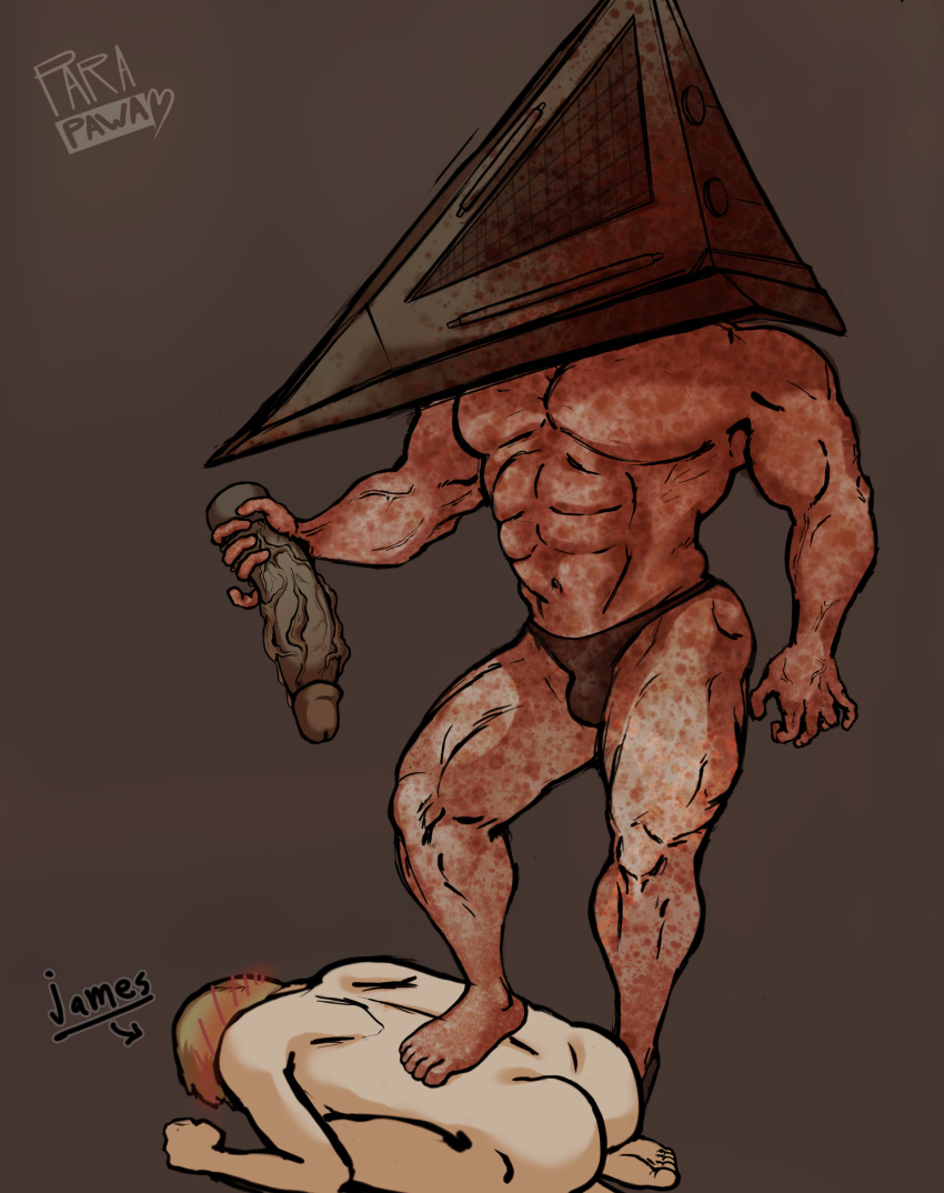 abs blush digital_media_(artwork) dildo gay gay_domination james_(silent_hill) james_sunderland male male/male male_dominating_male male_domination male_only malesub muscular muscular_male para-p pecs pyramid_head silent_hill silent_hill_2 stepped_on stepping_on_male yaoi