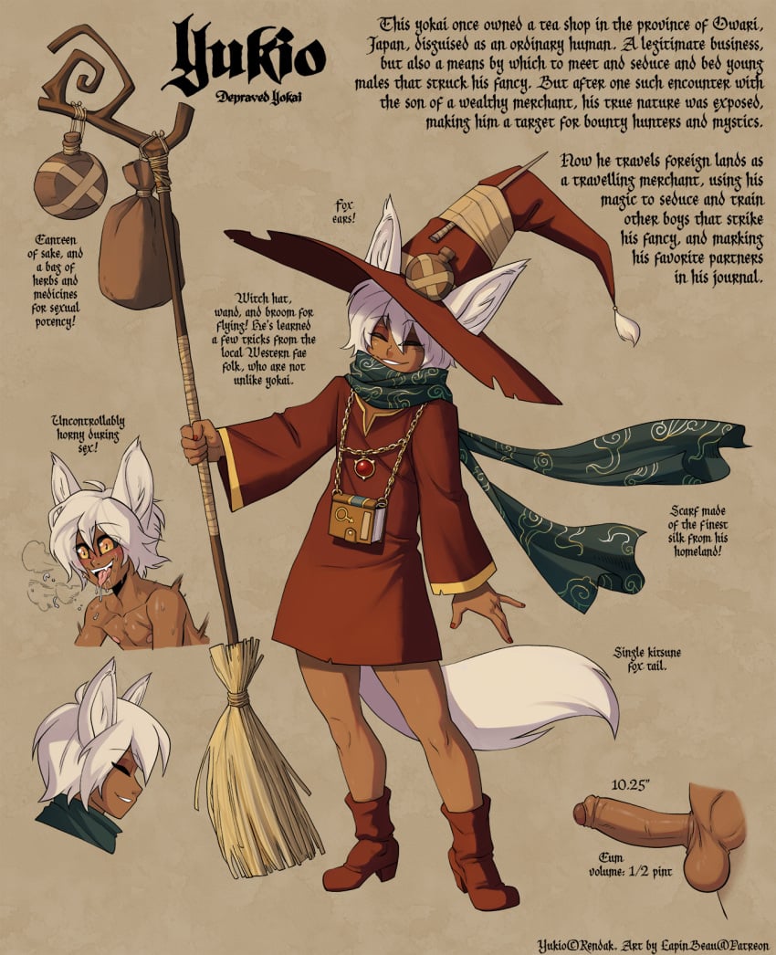 1boy animal_humanoid asian_mythology canid canine clothing demon east_asian_mythology femboy fox girly hat headgear headwear hi_res humanoid japanese_mythology lapinbeau male male_only mammal model_sheet monster mythology solo yōkai