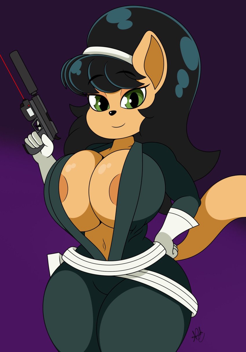 anthro areola belt big_breasts breast_squeeze breasts busty cat_girl clothed clothing female female_focus female_only green_eyes gun hand_on_hip holster huge_breasts kitty_katswell long_hair nickelodeon nr_ac pistol smile solo solo_focus t.u.f.f._puppy thick_thighs tight_clothing wide_hips