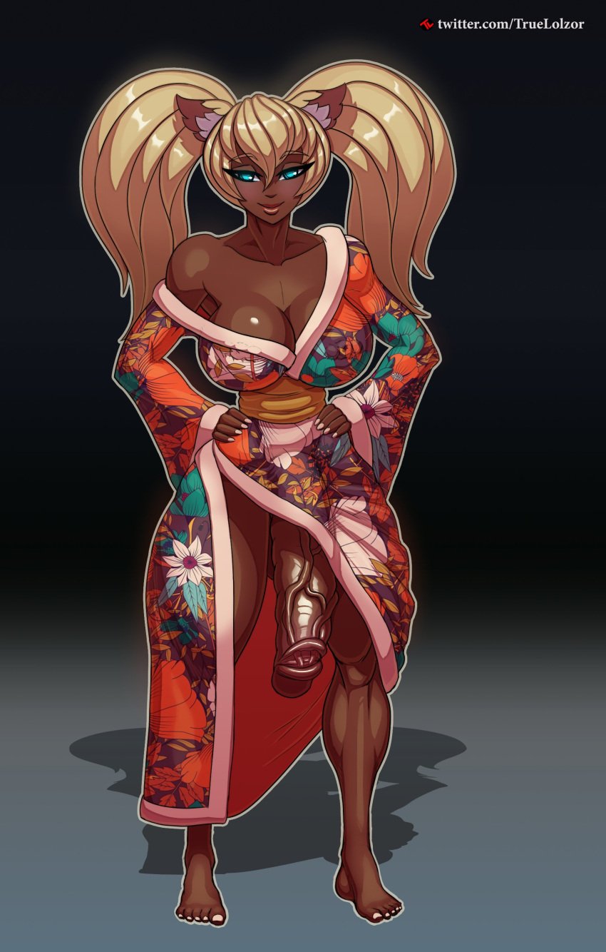 1futa animal_ears barefoot big_breasts blonde_hair bottomless breasts busty cleavage dark-skinned_futanari dark_skin dirty_blonde_hair flaccid floral_print futa_only futanari gradient_background hands_on_hips hanging_penis huge_cock japanese_clothes kimono looking_at_viewer muscular_legs penis penis_to_the_knees penis_under_clothes selena_(projektselena) simple_background smile smiling solo solo_futa standing thick_penis thin_waist truelolzor turquoise_eyes twintails veiny_penis white_fingernails white_nails white_toenails