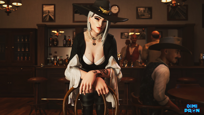 1girls 3d 3d_(artwork) ashe_(overwatch) asymmetrical_hair bar blender breasts cleavage clothed cowgirl daz3d daz_studio dimipron far_west female_focus lingerie looking_at_viewer overwatch short_hair tattoo western western_art white_hair