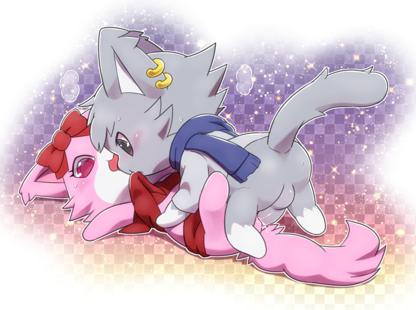 anthro chibi dian_(jewelpet) duo female female_penetrated fur furry furry_only garnet_(jewelpet) grey_body grey_fur hi_res jewelpet male male/female male_penetrating male_penetrating_female ofuro pink_body pink_fur sanrio tail