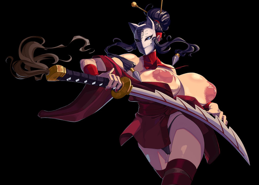 areolae bare_shoulders black_background black_hair blue_eyes breasts breasts_out bunkwizard collarbone covered_collarbone female fingernails hatching_(texture) holding holding_sword holding_weapon katana large_areolae large_breasts long_hair long_sleeves mask original red_legwear red_nails simple_background solo sword thong turtleneck weapon wide_sleeves