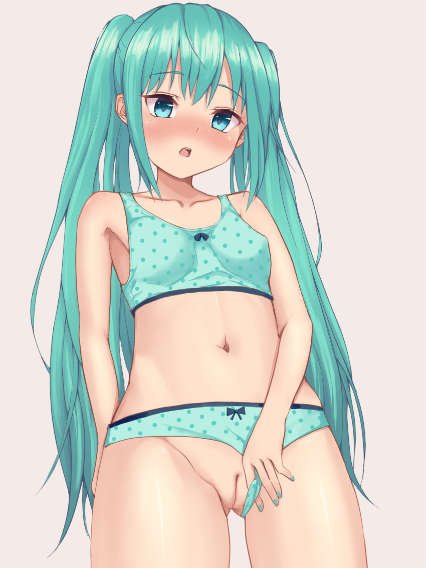 1girls 2d artist_request bangs blue_eyes blue_hair blue_nails blush blush_lines bow_panties bra color eyebrows_visible_through_hair female female_only hatsune_miku light-skinned_female light_skin long_hair medium_breasts nails navel open_mouth panties panties_aside panties_pull pink_background polka_dot polka_dot_bra pussy simple_background solo twintails underwear_only vocaloid