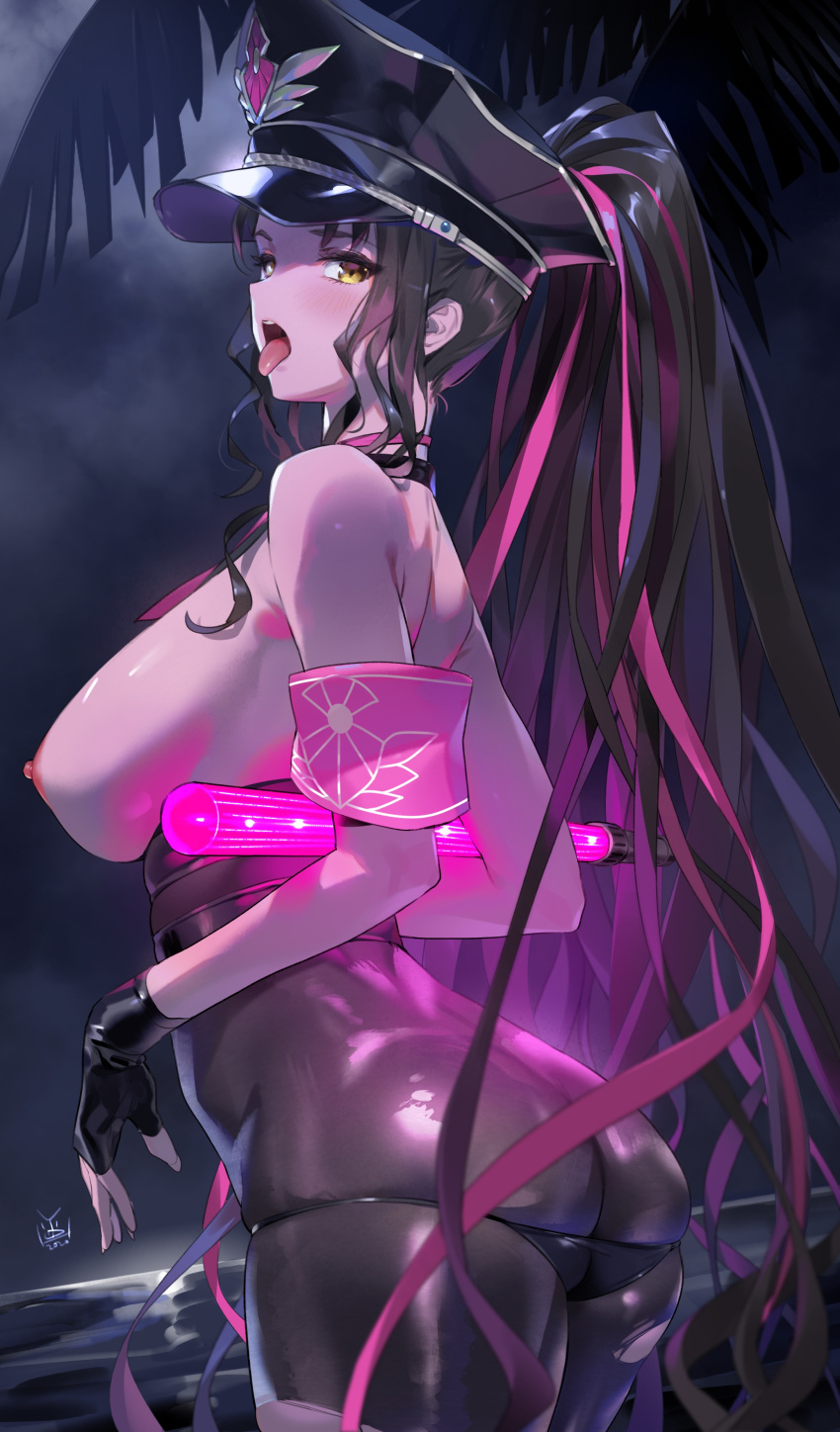 1girls ass back bangs bare_shoulders beach black_gloves black_hair black_headwear blush bodystocking breasts facial_mark fate/grand_order fate_(series) fingerless_gloves forehead_mark gloves halter_top halterneck hat large_breasts long_hair looking_at_viewer multicolored_hair necktie night night_sky nipples ocean parted_bangs parted_lips pink_hair pink_neckwear police police_hat policewoman ponytail sesshouin_kiara sesshouin_kiara_(swimsuit_mooncancer)_(fate) sky solo streaked_hair swimsuit thighs traffic_baton very_long_hair yang-do yd_(orange_maru) yellow_eyes