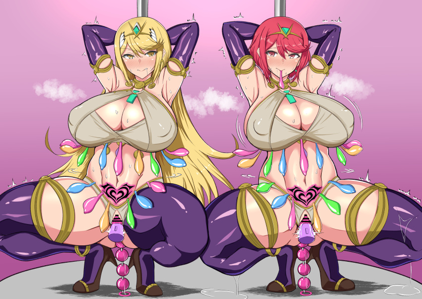 2girls anal_beads anal_insertion armpits blonde_hair blush breasts censor_bar censored circlet cleavage clothed clothes clothing condom condom_belt condom_in_mouth crotchless crotchless_panties elbow_gloves erect_nipples_under_clothes eyebrows eyes female female_only filled_condom gatyo_5 gloves hair hands_behind_head heels huge_breasts large_breasts latex latex_gloves long_hair looking_at_viewer multiple_girls mythra navel nintendo pink_background pubic_tattoo purple_gloves purple_stockings purple_thighhighs pussy pussy_juice pussy_juice_drip pussy_juice_puddle pussy_juice_string pyra red_eyes red_hair saliva sex_toy simple_background spread_legs squatting steam stockings stomach stripper_pole struggling sweat sweaty tagme thick_thighs thighhighs thighs used_condom vaginal_insertion vaginal_penetration vibrator xenoblade_(series) xenoblade_chronicles_2 yellow_eyes