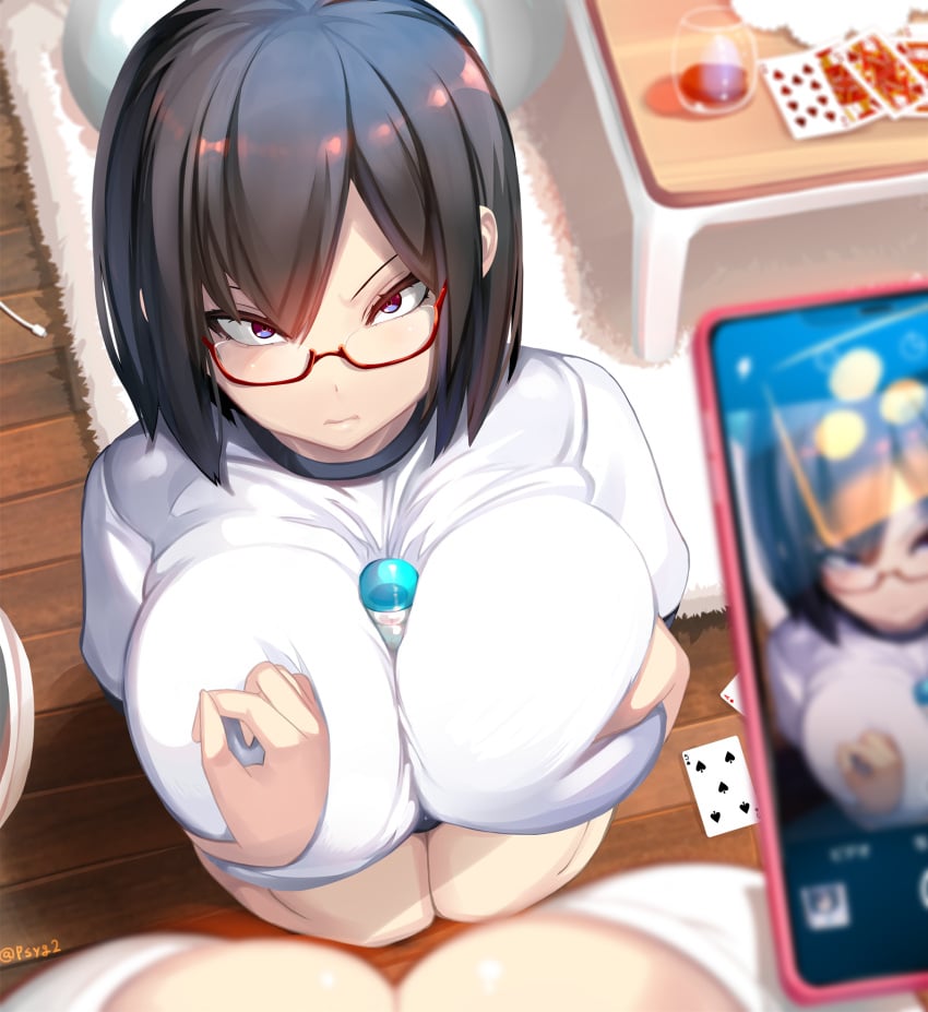 2girls between_breasts black_hair breasts buruma card cellphone cellphone_picture cleavage commentary commentary_request glasses gym_uniform hayakawa_mayumi highres huge_breasts large_breasts looking_at_viewer multiple_girls original paizuri phone photografic_proof photographic_proof playing_card purple_eyes red-framed_eyewear shiki_(psychedelic_g2) short_hair smartphone twitter_username