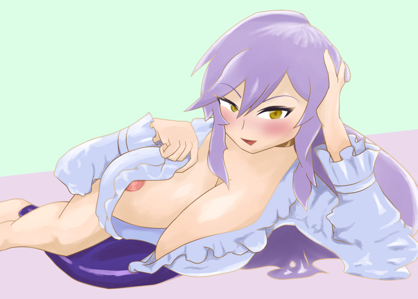 1girls bed blue_hair c_o_d_a_(artist) choker collar cygames dragalia_lost exposed_breasts female female_only happy head_on_hand huge_breasts imminent_sex inviting large_breasts light_skin looking_at_viewer nightgown nightwear nintendo nipple_slip no_bra on_side smile solo solo_female yellow_eyes yoshitsune_(dragalia_lost)