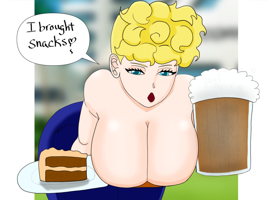 2021 bikini_(dragon_ball) blonde_hair blue_eyes bursting_breasts cake cleavage dragon_ball dragon_ball_super dragon_ball_z english_text holding_plate huge_breasts leaning_forward lipstick looking_at_viewer mug panchy panchy_(dragon_ball) panchy_briefs picket_fences_(series) plate root_beer shounen_jump slice_of_cake speech_bubble spoken_heart talking_to_viewer text tntgitbr