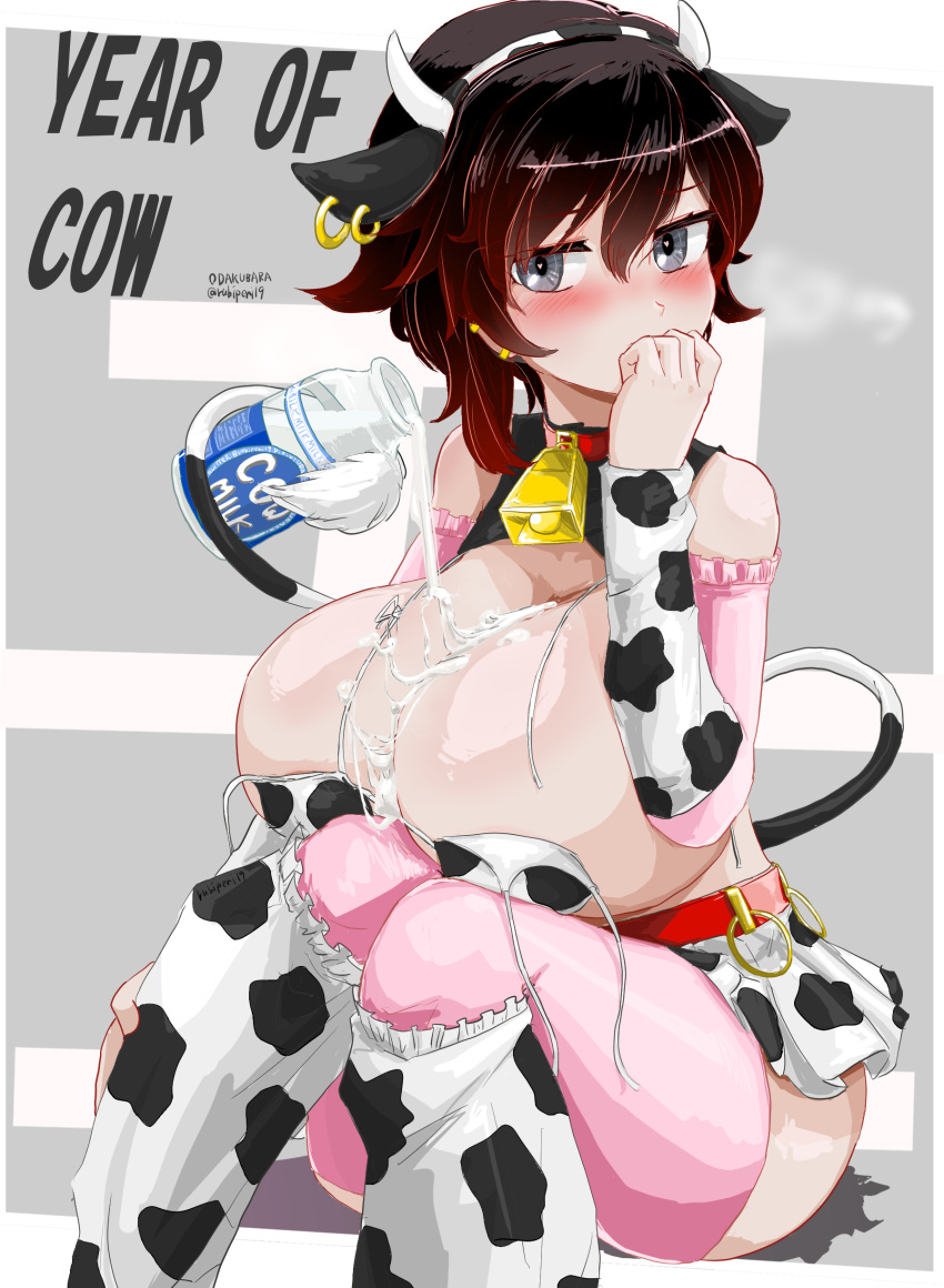 between_breasts cow_girl cow_print cum_on_breasts huge_breasts milk milk_bottle odakubara ruby_rose rwby tagme