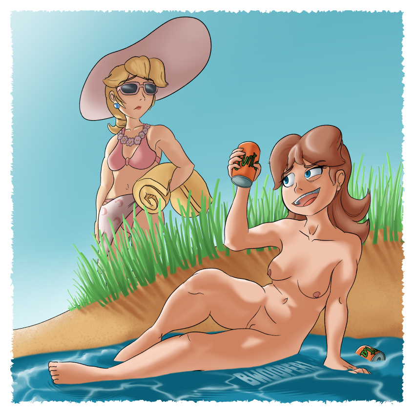 2girls areolae beach bikini_top blonde_hair breasts brown_hair bwooper1 female female_only mario_(series) multiple_girls nintendo nude princess_daisy princess_peach public_nudity pussy small_breasts super_mario_bros. super_mario_odyssey