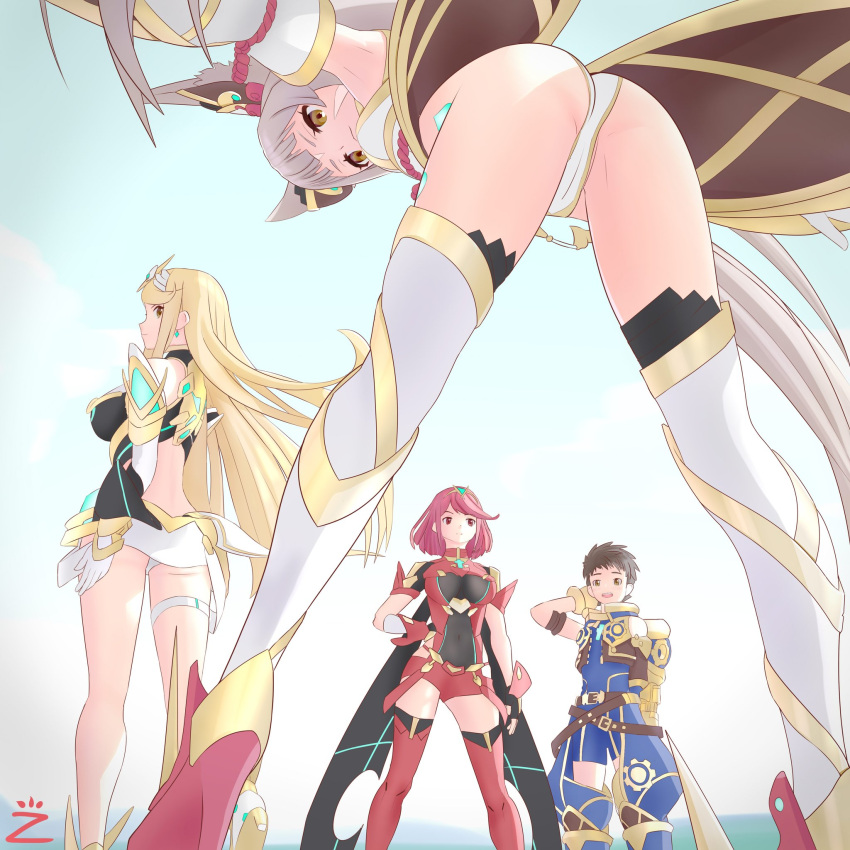 1boy 3girls animal_ears ass blonde_hair cat_ears female grey_hair group high_heels humanoid long_hair male mythra nia nia_(blade) nia_(xenoblade) nintendo pale_skin pyra red_hair rex_(xenoblade) short_hair upskirt xenoblade_(series) xenoblade_chronicles_2 zambonito