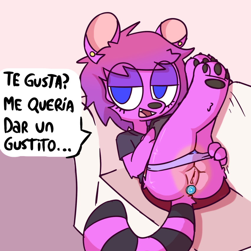 1:1 anal anthro buttplug check_translation clothing coati female gem hair hi_res mammal mocho4266 panties procyonid purple_hair sex_toy solo spanish_text text underwear upskirt