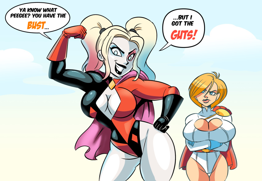 2girls annoyed big_breasts blonde_hair breasts cape cleavage cleavage_cutout curvy dc dc_comics dialogue dialogue_bubble english_text female_only glassfish harley_quinn huge_breasts kara_zor-l karen_starr leotard lipstick pigtails power_girl pun seductive superheroine superman_(series) supervillain text thick thick_thighs wide_hips