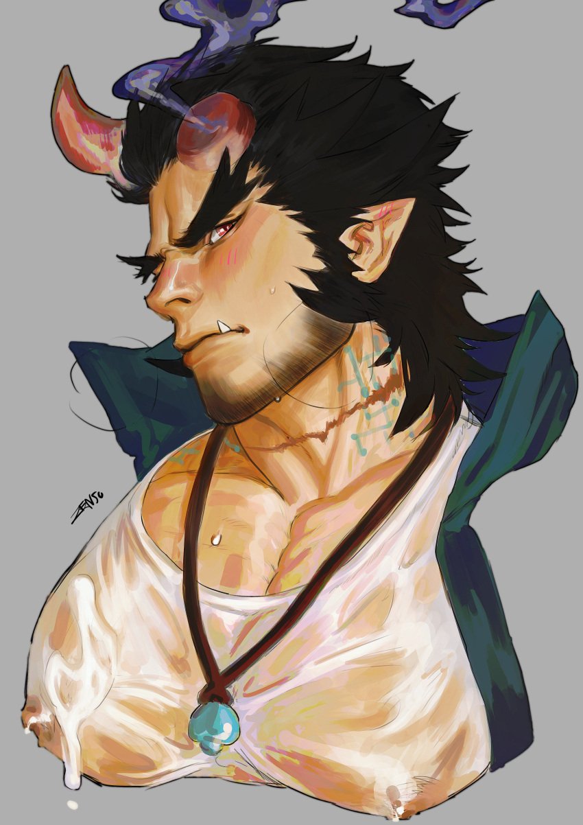 1boy absurdres bara big_pecs blush broken_horn covered_nipples cropped_shoulders cum cum_on_body cum_on_pectorals demon_boy demon_horns dilf facial_hair fiery_horns forked_eyebrows highres horns jewelry lactation large_pectorals long_sideburns male male_cleavage male_focus male_lactation male_only manly mature mature_male medium_hair muscular muscular_male necklace oerba_yun_fang pecs pectoral_focus pectorals scar_on_neck shirt sideburns solo solo_male stubble takemaru_(tokyo_afterschool_summoners) thick_eyebrows tokyo_afterschool_summoners tokyo_houkago_summoners wet wet_clothes wet_shirt white_shirt zenso_shuu