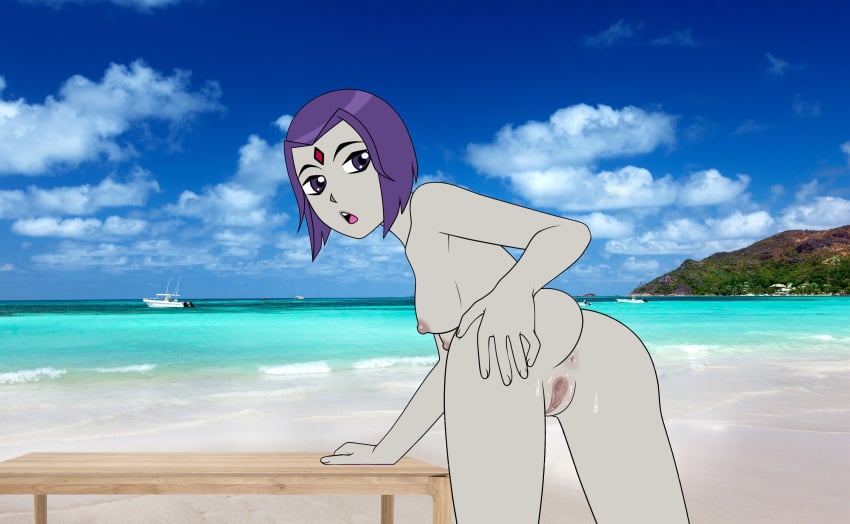 anus ass beach bent_over colored dc dc_comics grey_skin hand_on_own_ass incognitymous looking_back medium_breasts nipples nude open_mouth open_pussy pussy raven_(dc) sea straight_hair tagme teen_titans