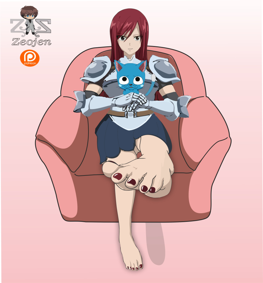 barefoot digital_media_(artwork) erza_scarlet fairy_tail feet feline foot_fetish happy happy_(fairy_tail) holding long_hair nail_polish red_eyes red_hair soles toes zeojen