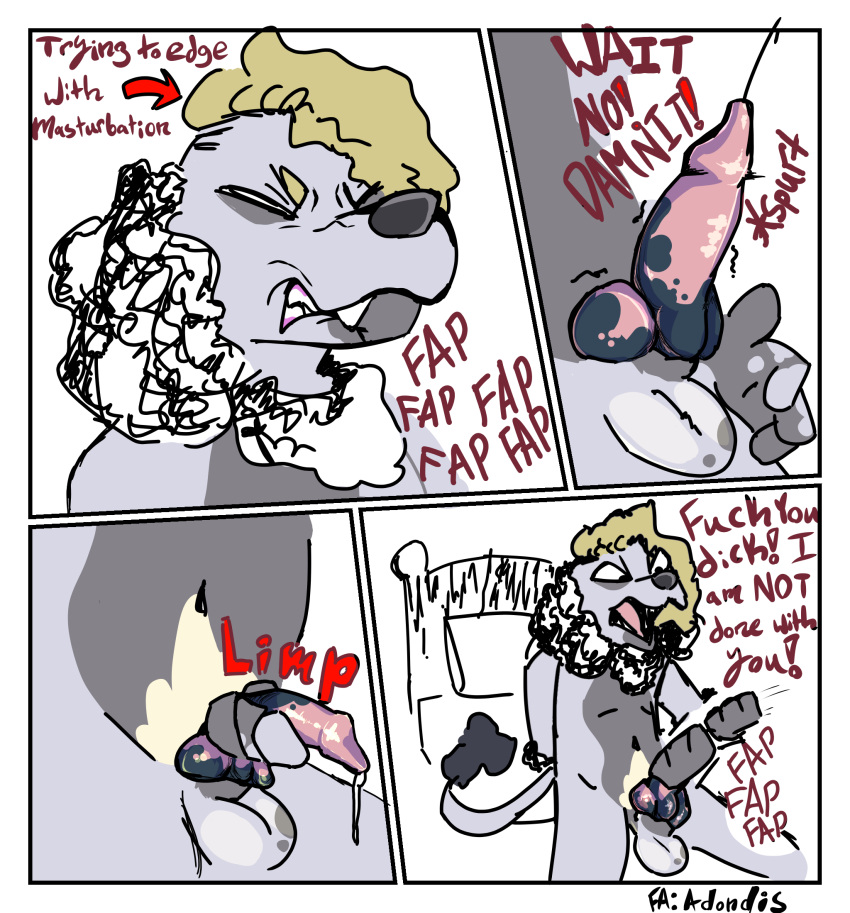 adondis after_masturbation after_orgasm angry animal_genitalia animal_penis anthro balls bedroom bite biting_lip bodily_fluids canid canine canine_penis canis clenched_teeth closed_eyes comic comic_page cum cumshot curled_hair digital_media_(artwork) domestic_dog edging ejaculation erection flaccid floppy_ears fur genital_fluids genitals hair half-erect hi_res humor interrupted_orgasm jerking_off_hand_motion knot leaking male mammal masturbation nude orgasm penile penile_masturbation penis pillow poodle profanity ruined_orgasm_(disambiguation) russell(adondis) sitting solo spots spotted_body spotted_fur spotted_genitalia spotted_penis teeth unwanted_ejaculation