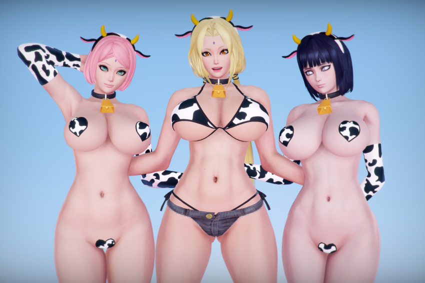 3d 3girls adult_swim bell_collar big_breasts bikini blonde_hair blue_hair boruto:_naruto_next_generations breasts collar cow_bell cow_bikini cow_ears cow_horns cow_pasties cow_print elbow_gloves fake_animal_ears female female_only forehead_mark honey_select hyuuga_hinata illusion_soft looking_at_viewer meish micro_shorts milf moo_bitch mother naruto naruto_(series) open_mouth pasties pink_hair sakura_haruno short_shorts stomach toonami tsunade underboob voluptuous