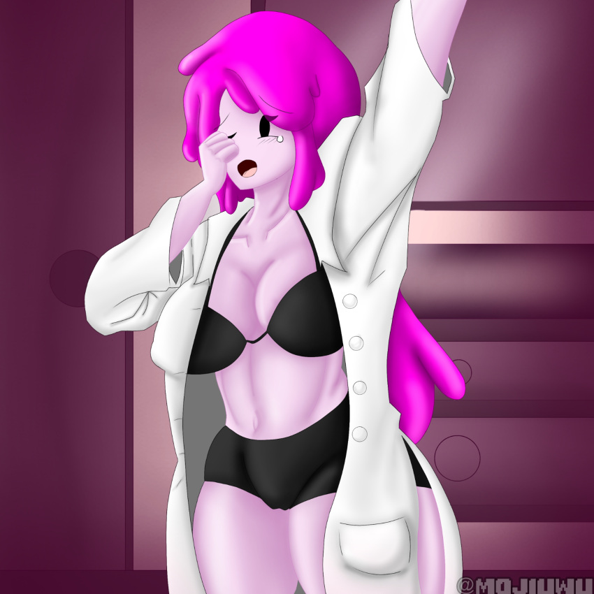 adventure_time big_ass big_breasts big_butt black_bra black_panties blush mojiuwu pink_skin princess_bubblegum purple_hair scientific_instrument scientist tear tears underwear