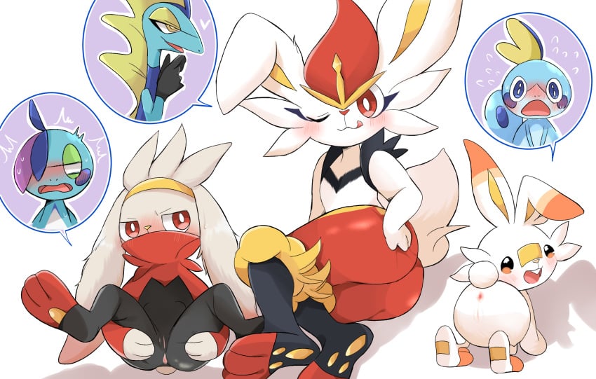 2021 ambiguous_gender anthro anus ass black_body blue_body blush cinderace cute_expression drizzile female first_person_view fur genitals heart hi_res inteleon lagomorph licking licking_lips looking_at_viewer mammal nintendo one_eye_closed open_mouth pokémon_(species) pokemon pokemon_(species) presenting presenting_anus presenting_hindquarters presenting_pussy prrrrrrmine pussy raboot red_body red_fur scorbunny semi-anthro simple_background sobble tongue tongue_out video_games white_background