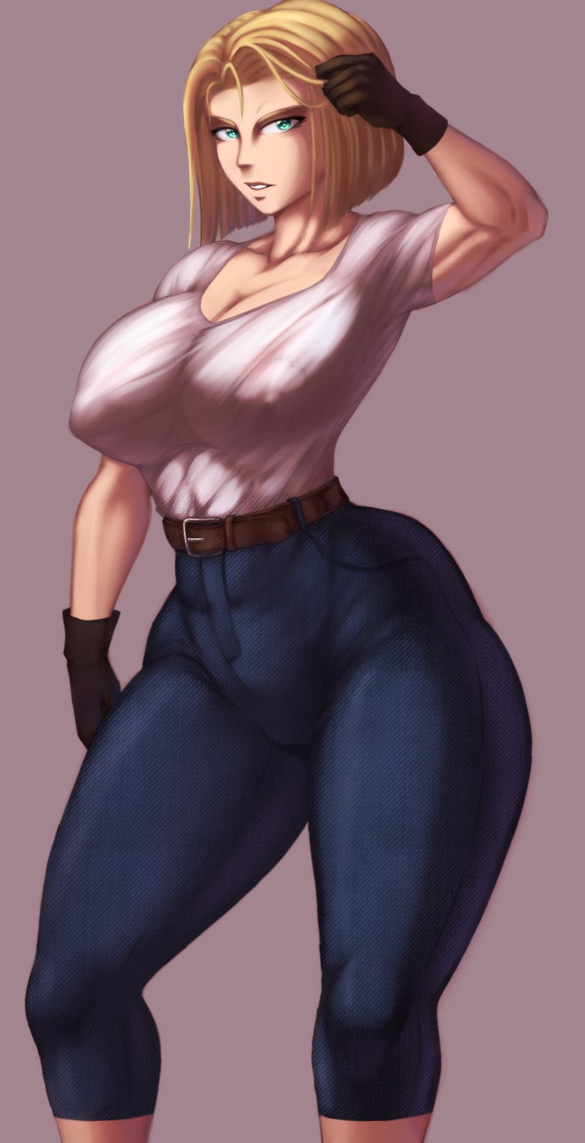 abdomen abs android_18 big_breasts blonde_hair capri_pants clothed clothing dno dragon_ball dragon_ball_super female female_only high_waisted_pants huge_ass huge_butt jeans muscles muscular muscular_arms muscular_female muscular_legs pants pussy solo solo_female tight_clothing tight_jeans tight_pants